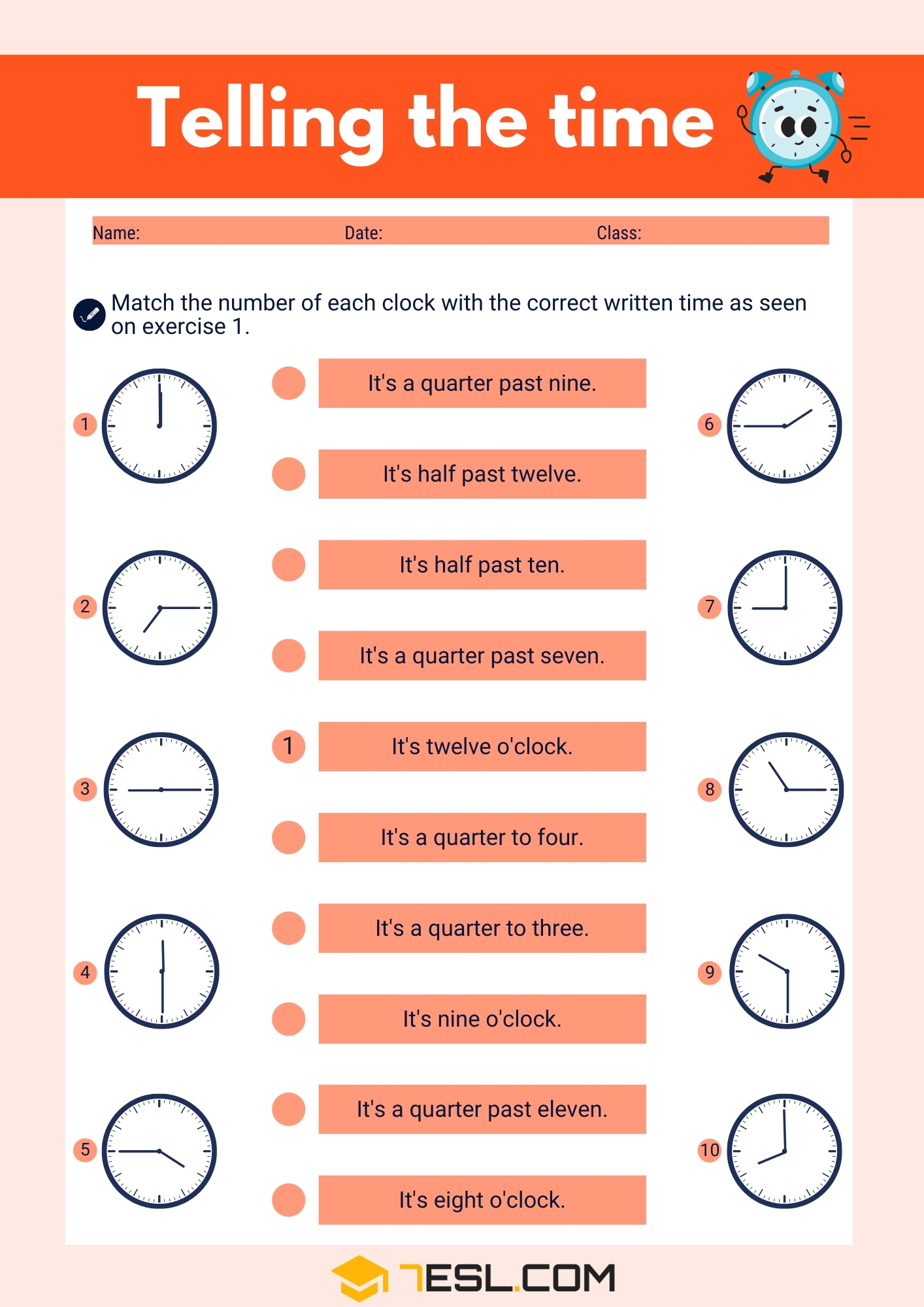 telling the time worksheet
