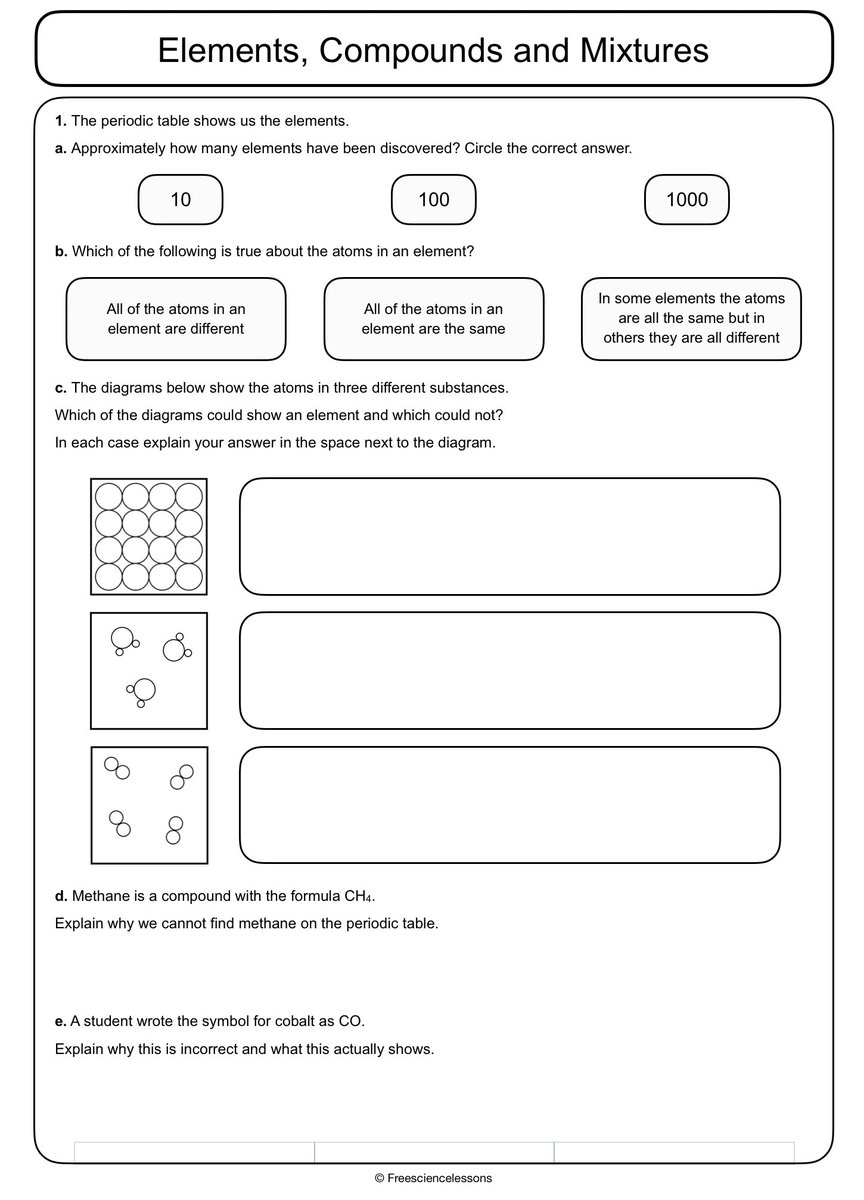 elements compounds mixtures worksheet