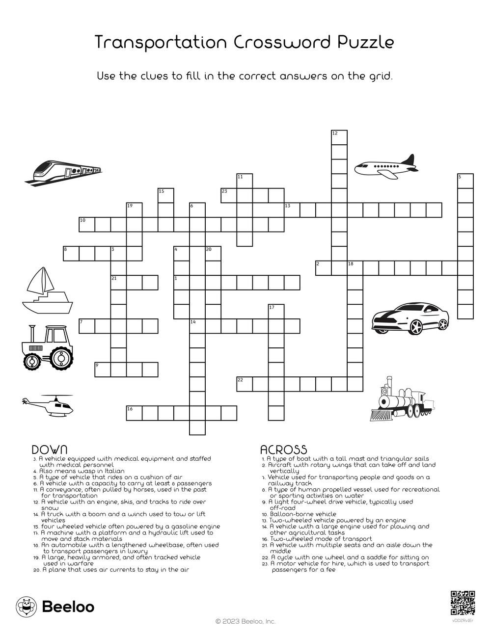 Transportation Crossword Puzzle Beeloo Printable Crafts And Activities For Kids
