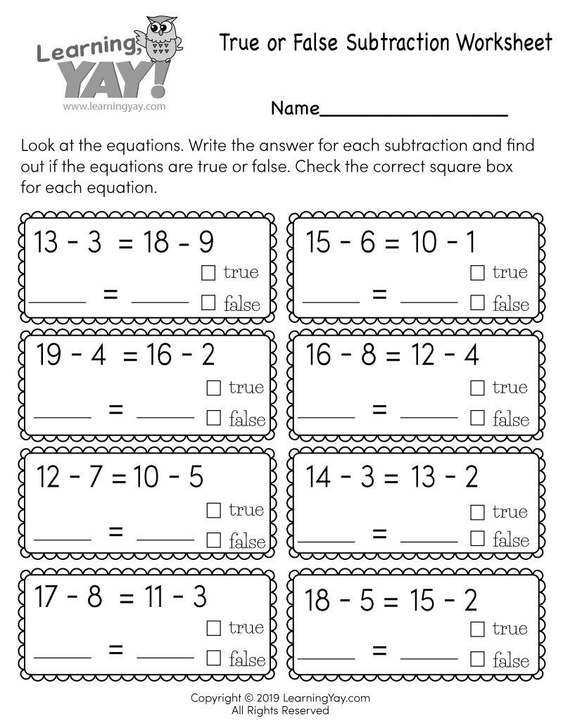 True Or False Subtraction Worksheet For 1st Grade Free Printable 