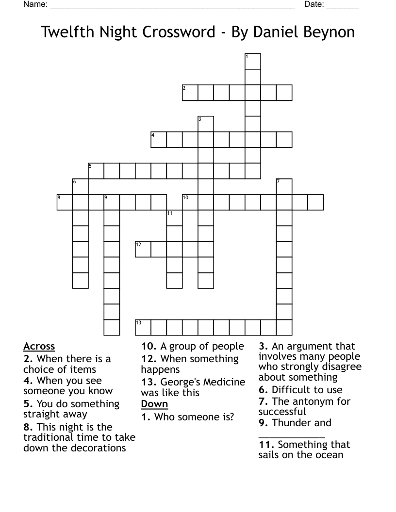 Twelfth Night Crossword By Daniel Beynon WordMint