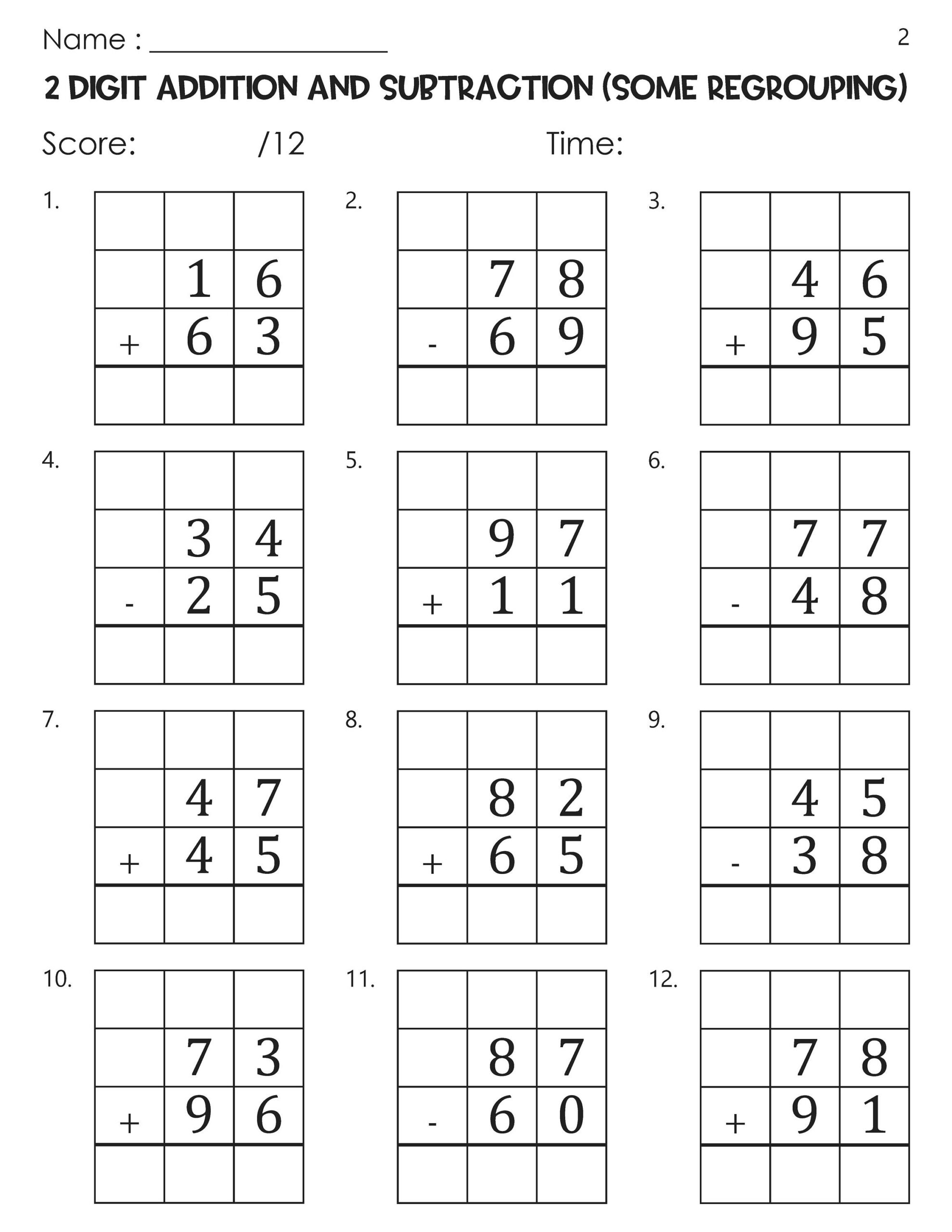 Two Digit Addition And Subtraction With And Without Regrouping With Grid Worksheets Etsy