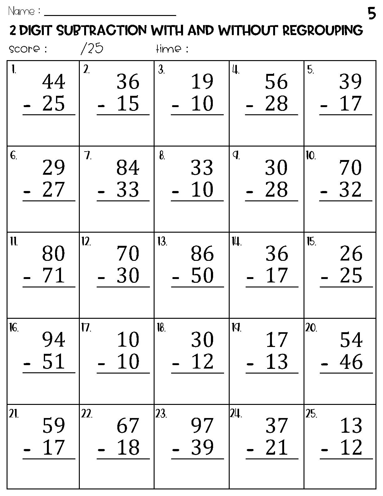 Two Digit Subtraction With And Without Regrouping Worksheets Etsy