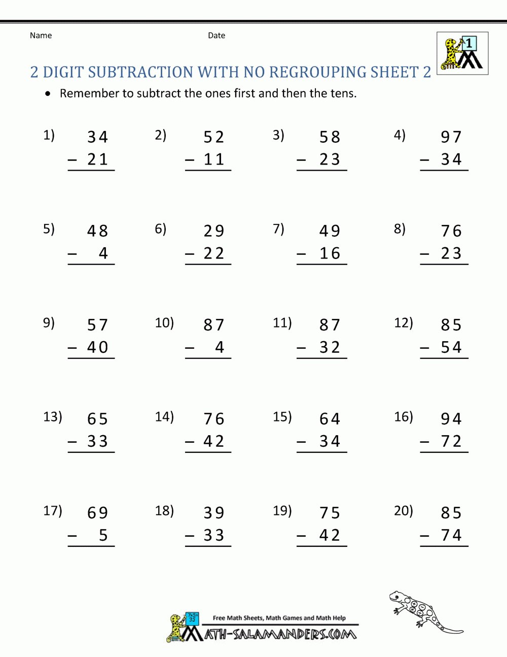 Two Digit Subtraction Without Regrouping Two Digit Subtraction Without Regrouping