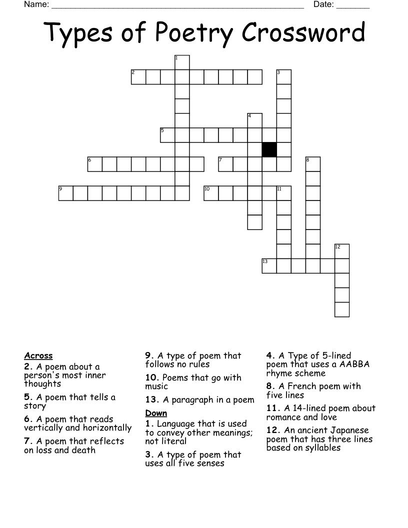 Types Of Poetry Crossword WordMint