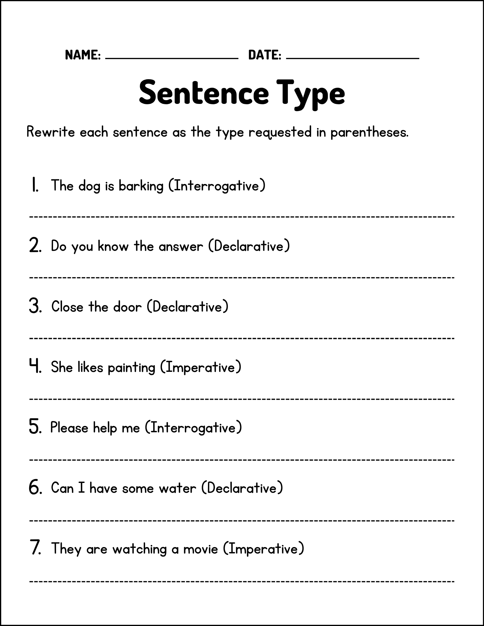 Types Of Sentences Worksheets Declarative Interrogative Imperative Teaching Resources