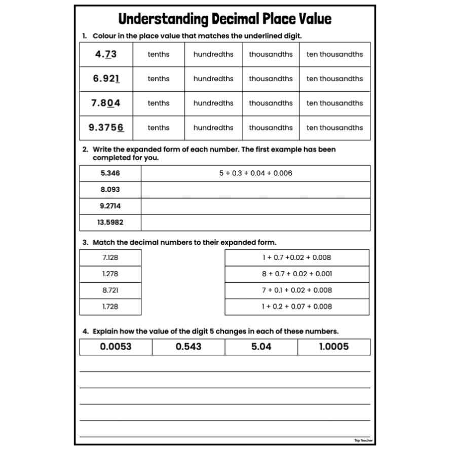 decimal place value worksheet decimal place value worksheet