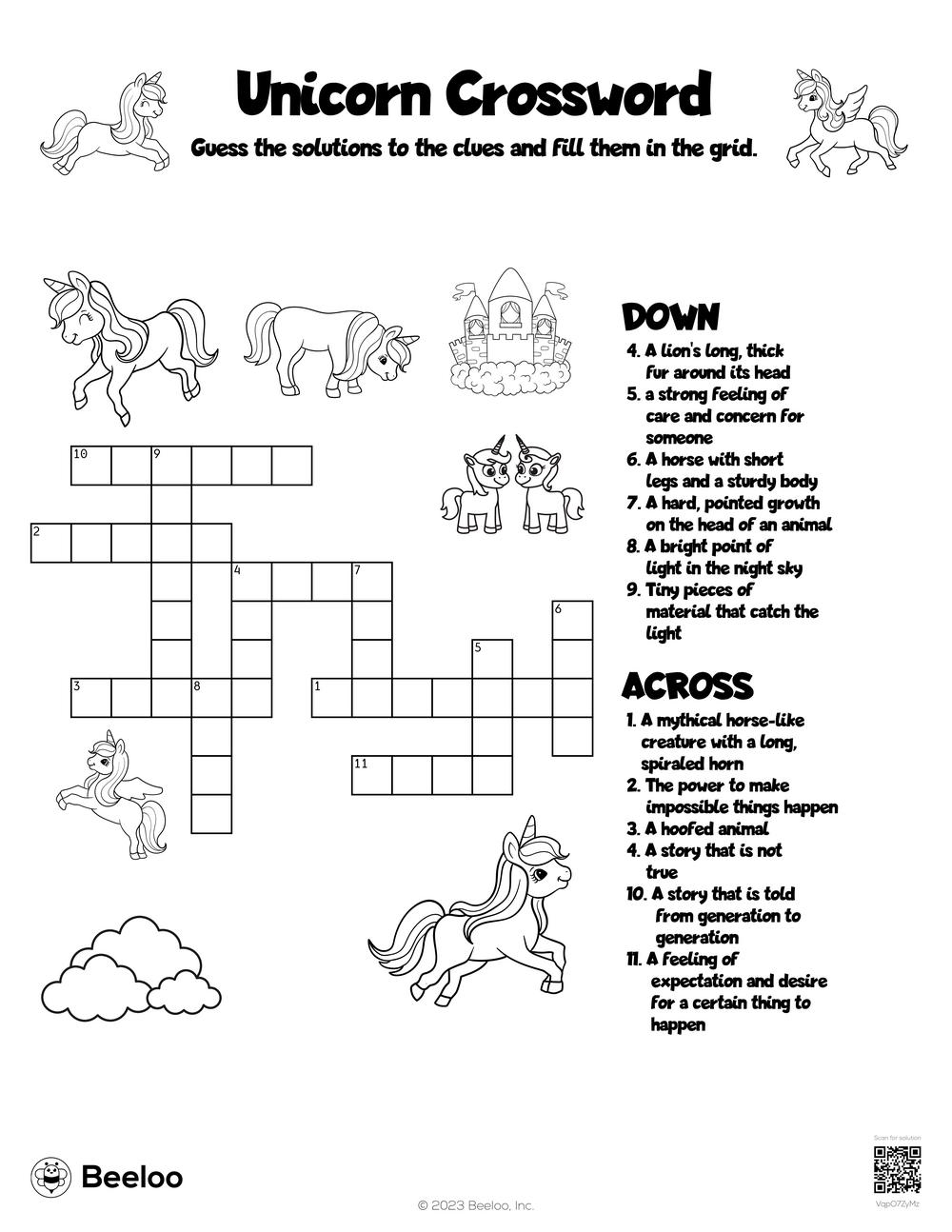 Unicorn Crossword Beeloo Printable Crafts And Activities For Kids
