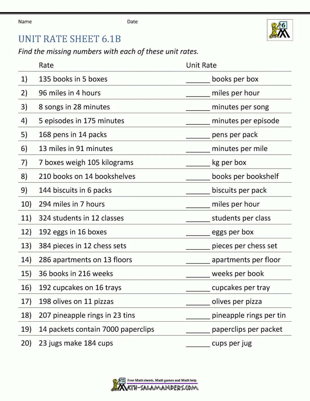 Unit Rate Problems 6th Grade