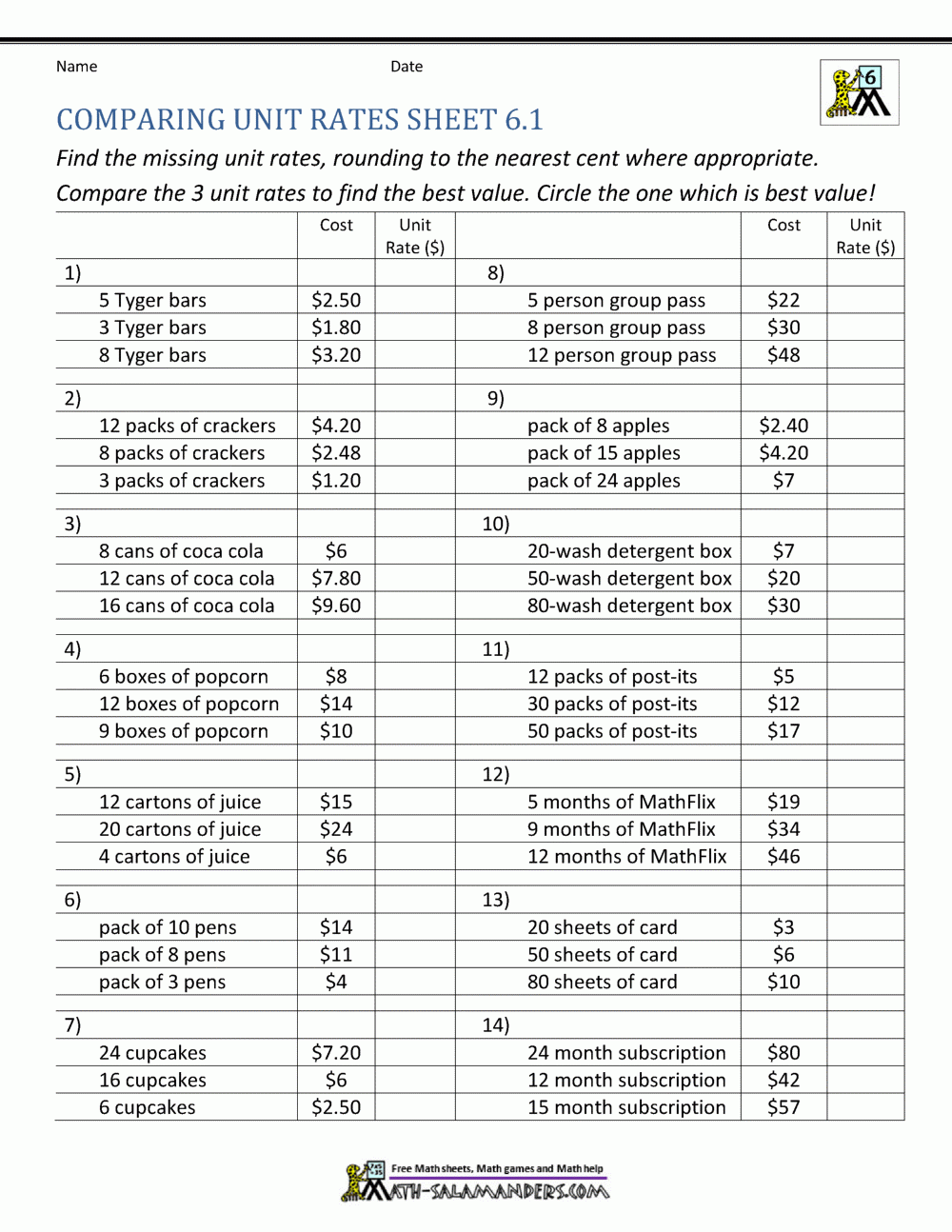 unit rate math worksheets