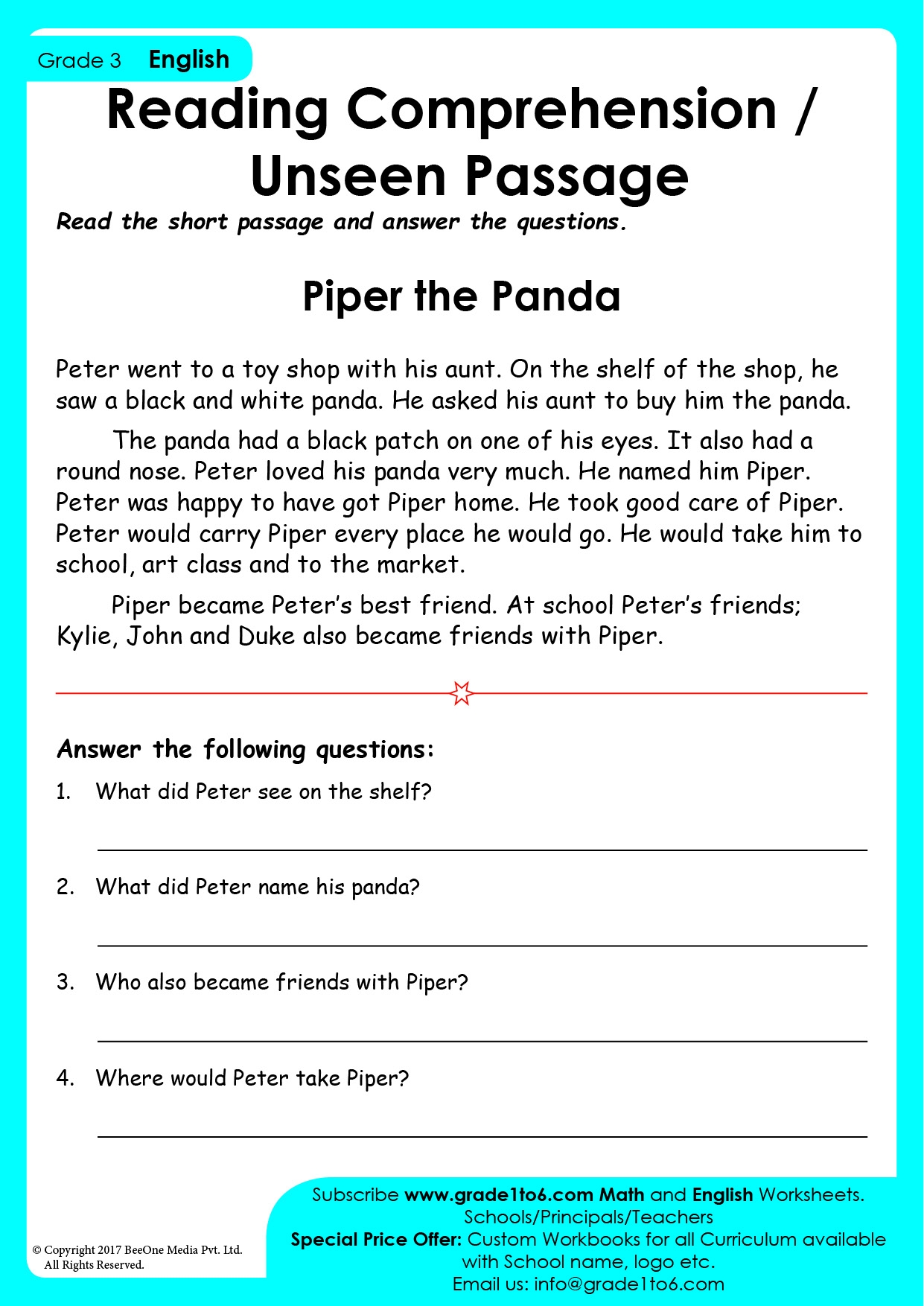 Unseen Passage Comprehension Class 3