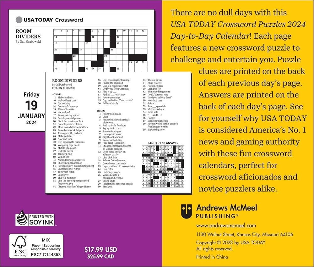 USA TODAY Crossword 2024 Day to Day Calendar USA TODAY 9781524884109 Amazon Books