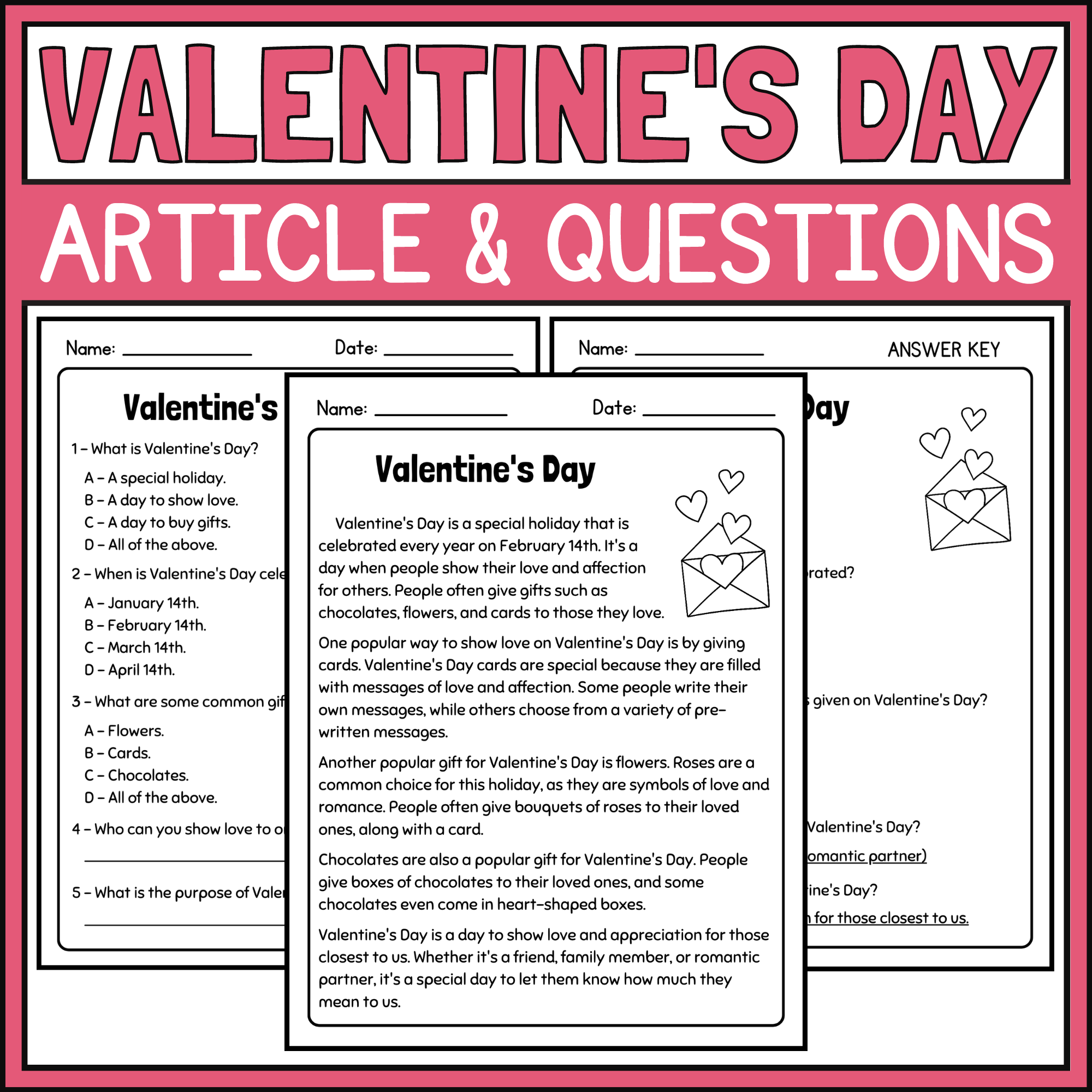 Valentine s Day Article And Reading Comprehension Questions Made By Teachers