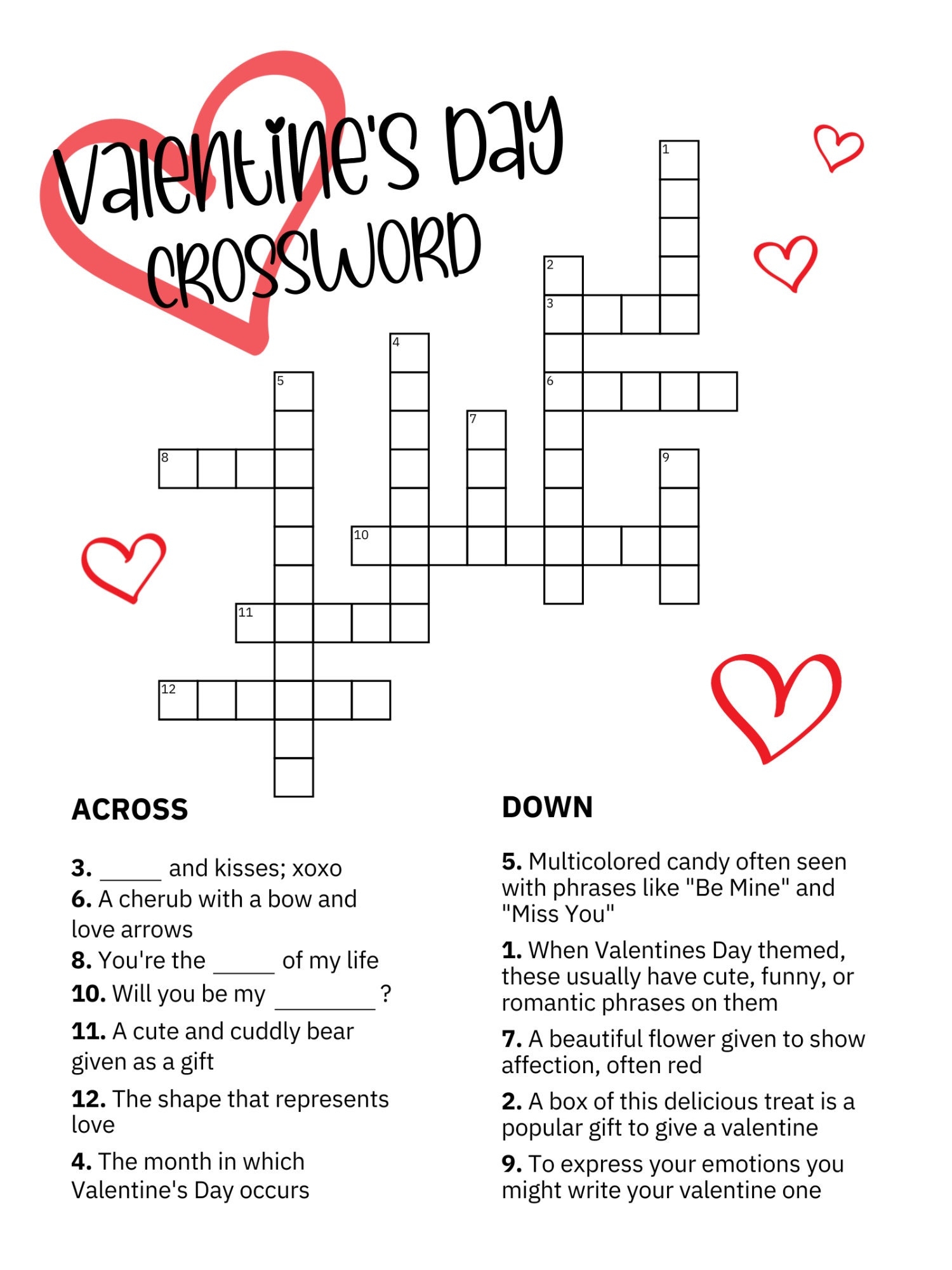 Valentine s Day Crossword Puzzle Kids Printable Game PDF Etsy