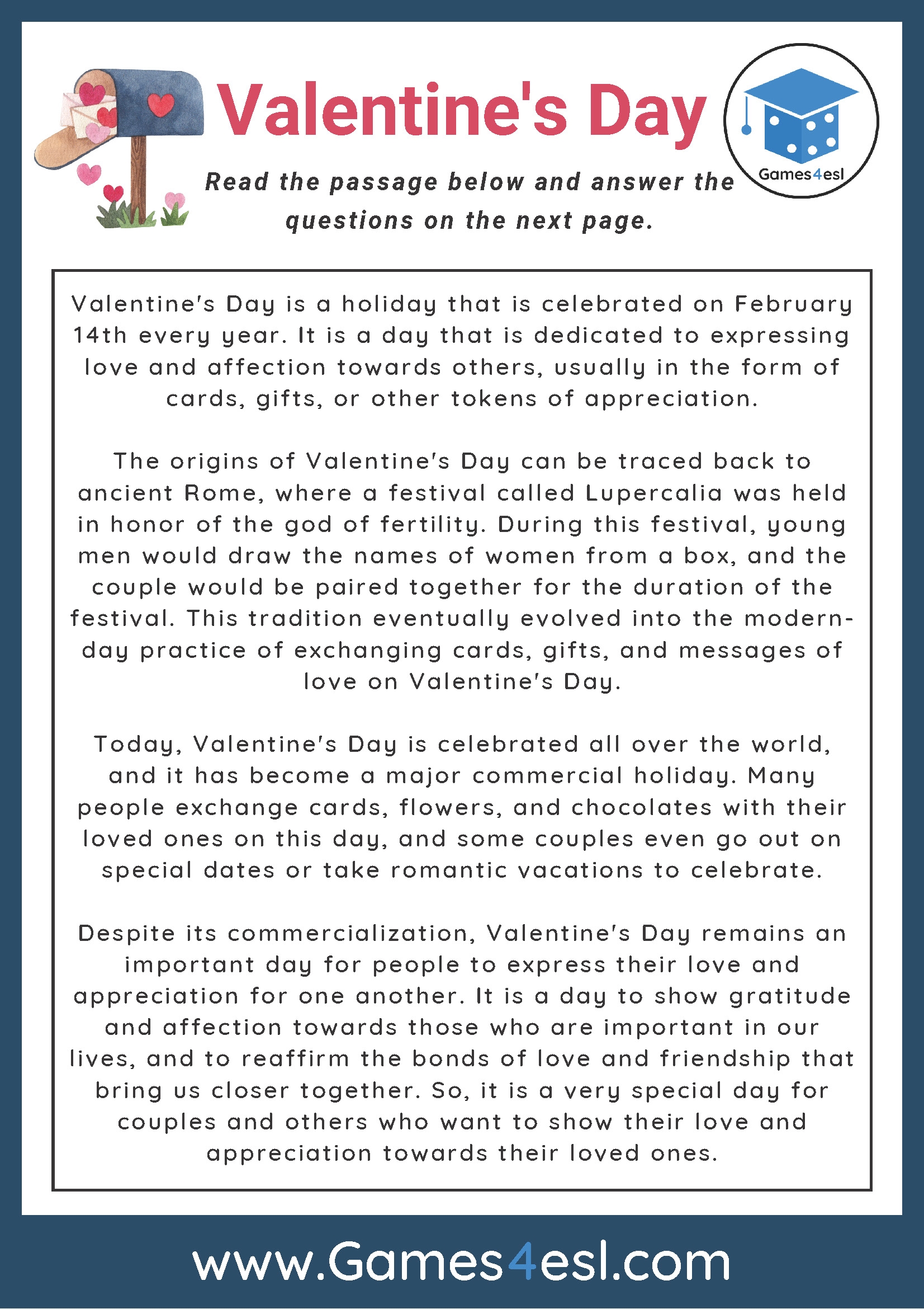 Valentine s Day Reading Comprehension Worksheet Games4esl