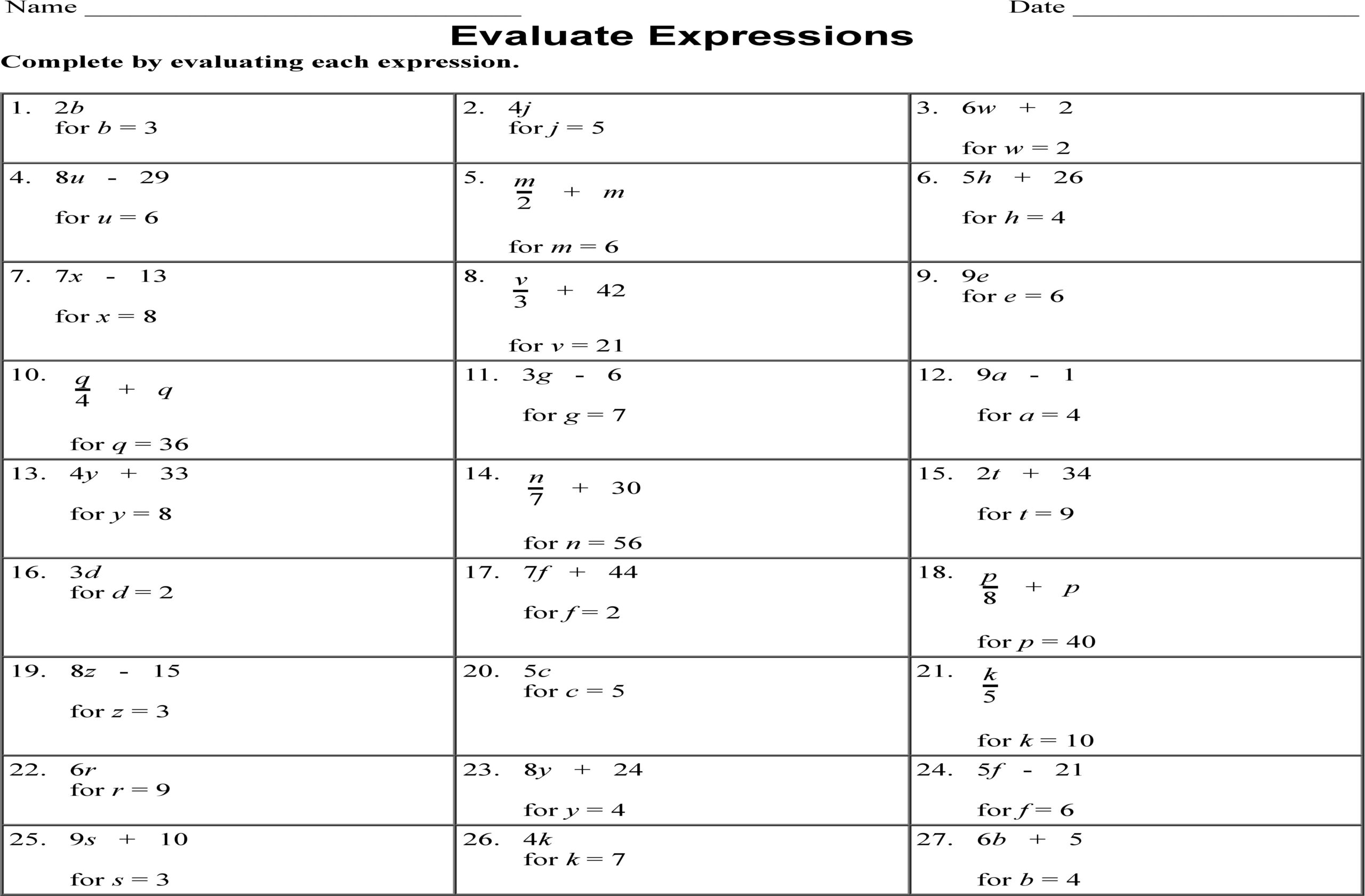 Variable Substitution Made Easy Algebraic Expressions Worksheet