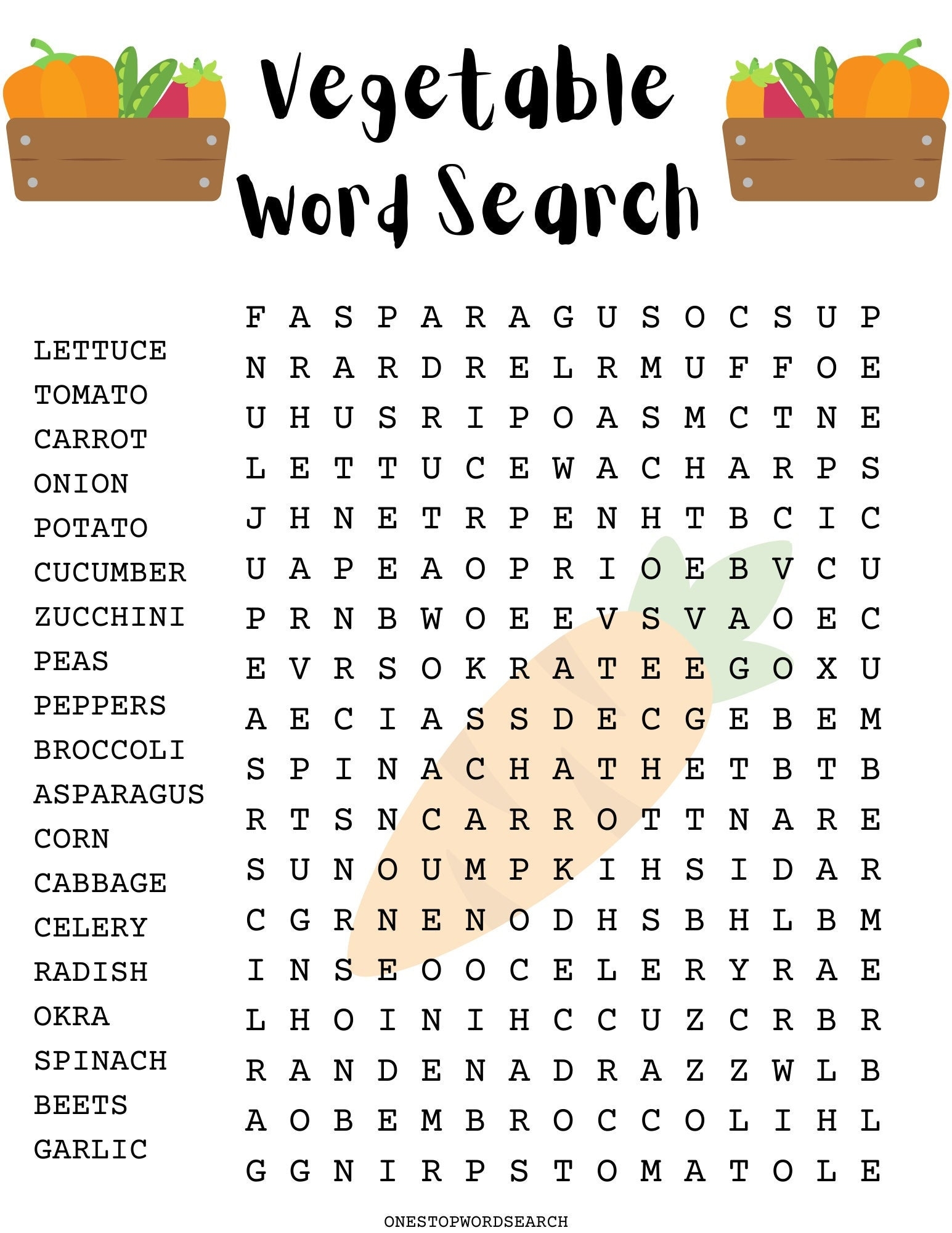 Vegetable Word Search Puzzle With Answer Sheet Family Activities Children s Puzzles Etsy