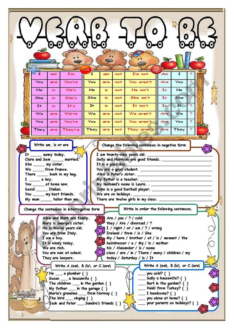VERB TO BE GRAMMAR AND 6 DIFFERENT EXERCISES FOR BEGINNERS ESL Worksheet By AGUILA