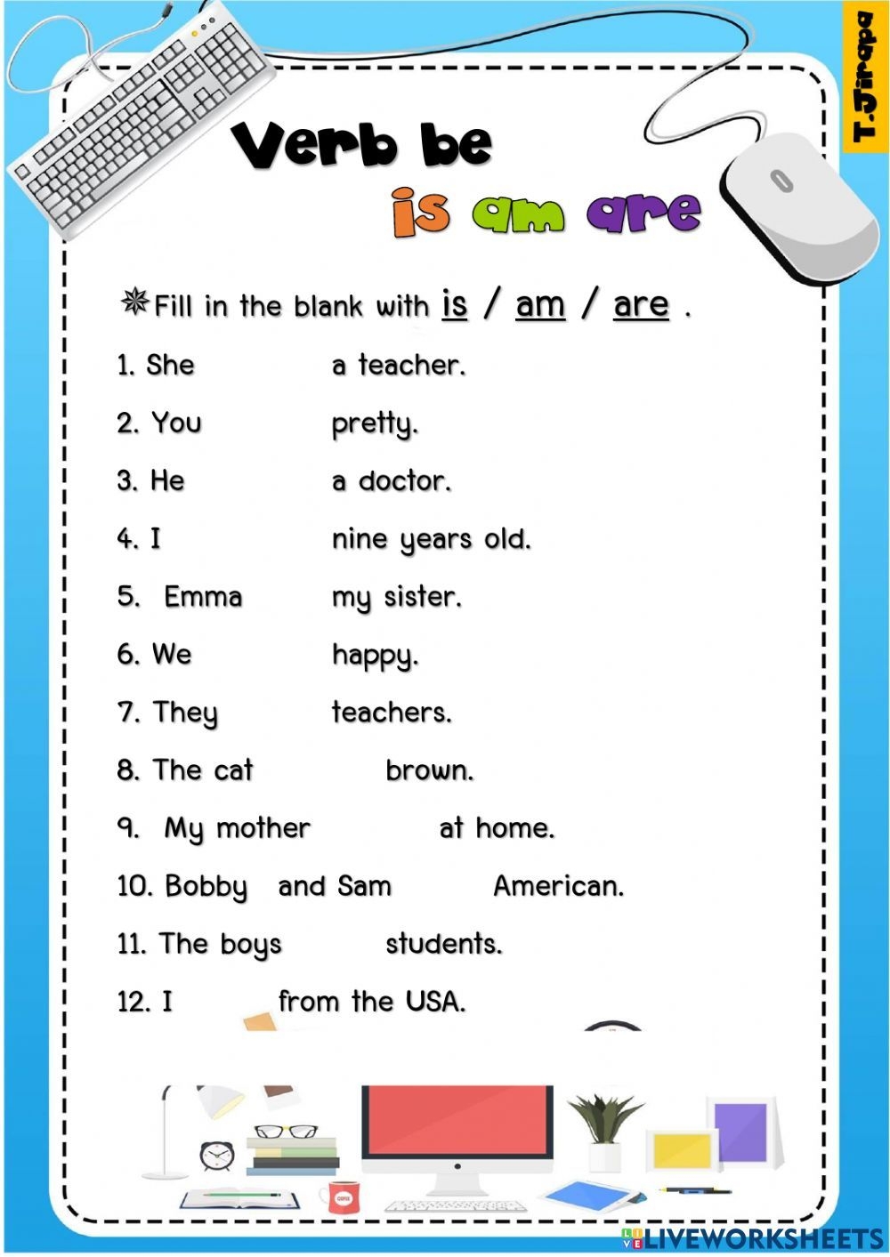 Verb To Be Is Am Are Worksheet