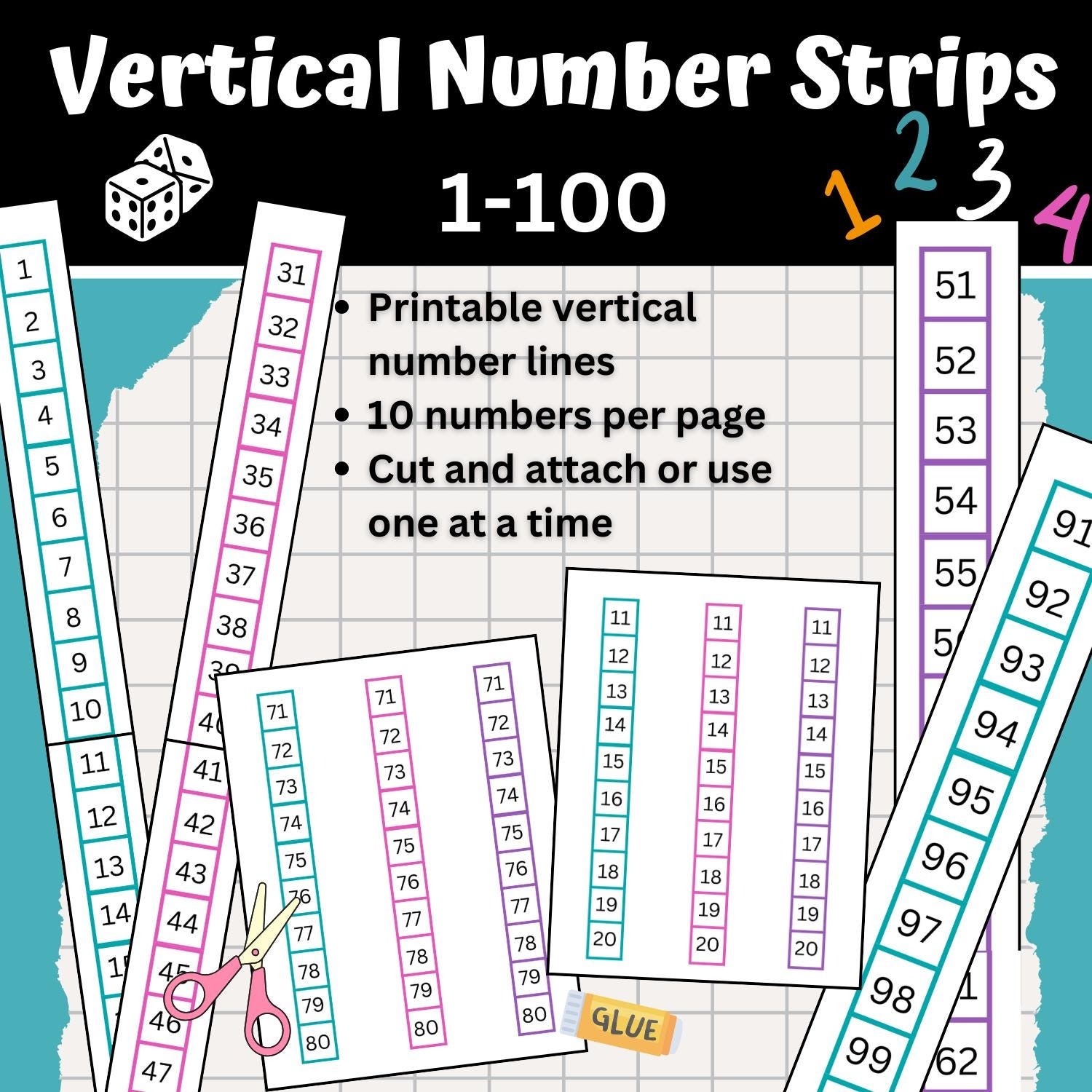 Vertical Number Lines 1 100 Number Strips Counting Math Games Printable Etsy