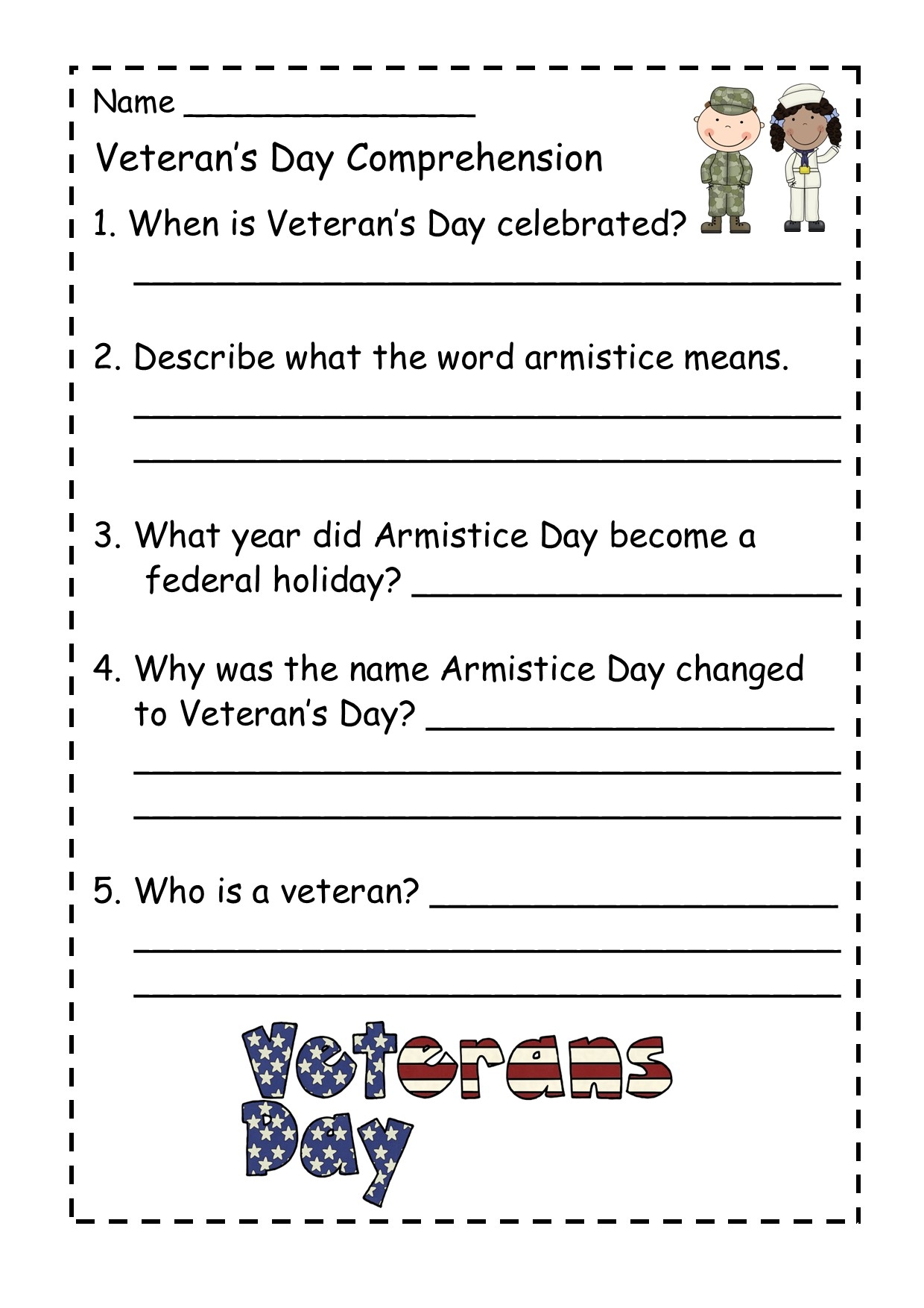 Veteran s Day Reading Comprehension Passage Made By Teachers