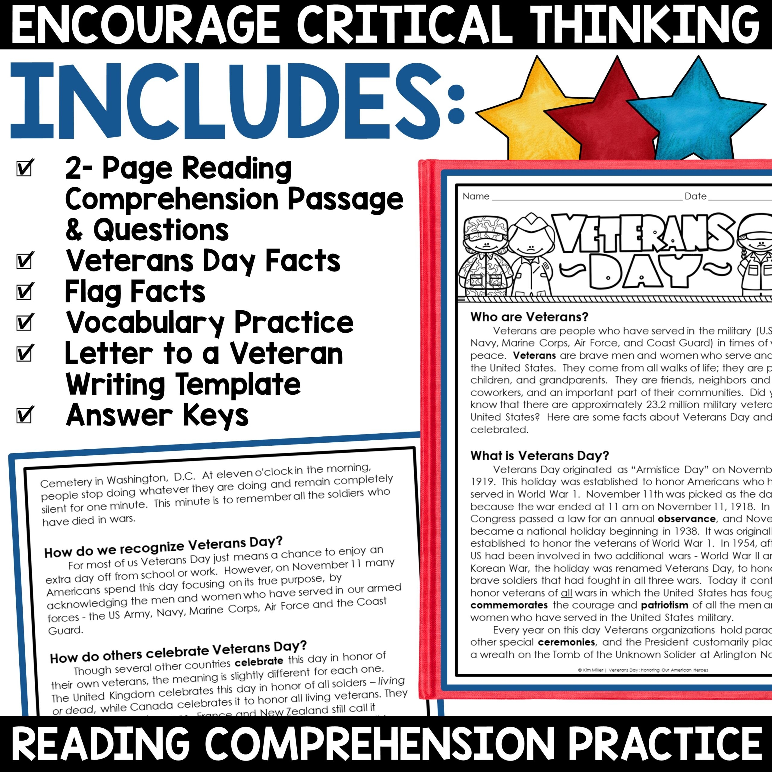 Veterans Day Activities Reading Comprehension Writing Cards 3rd 4th 5th Grade A Love Of Teaching Kim Miller