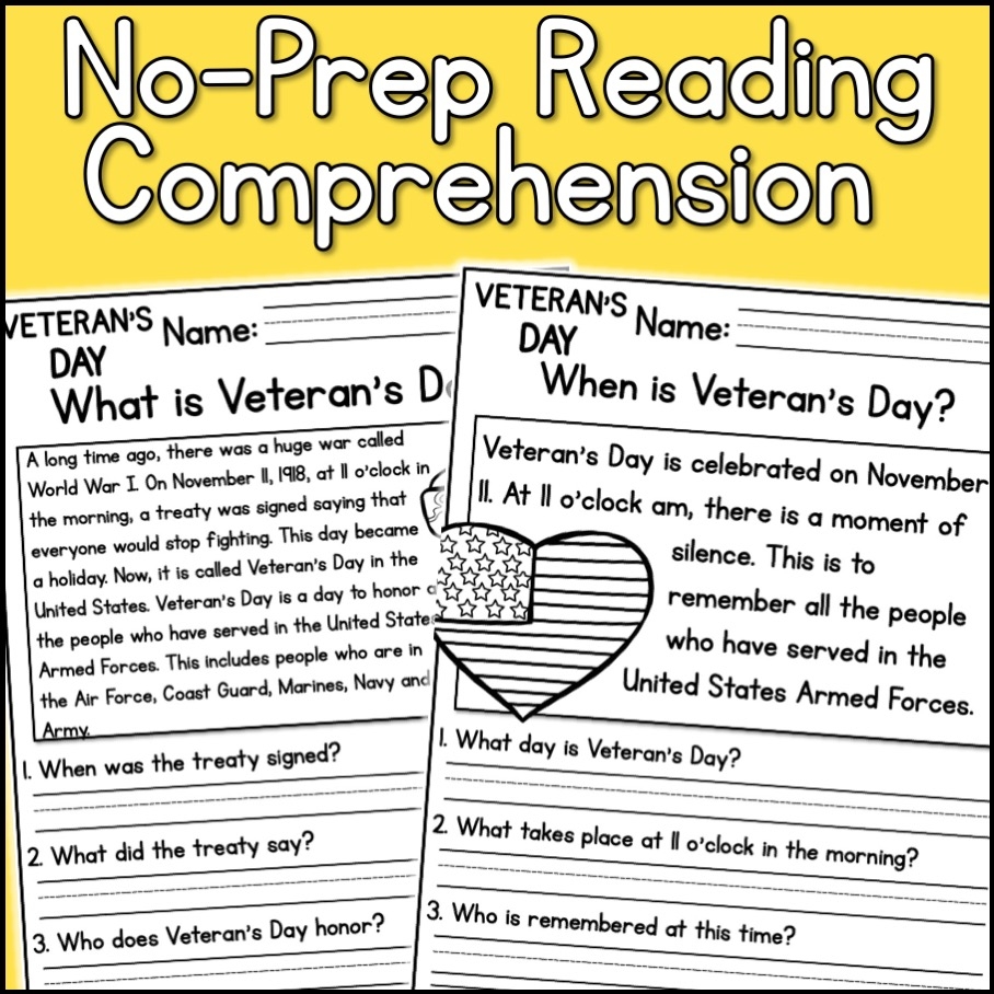 Veterans Day Holidays Reading Comprehension Passages K 2 Classful