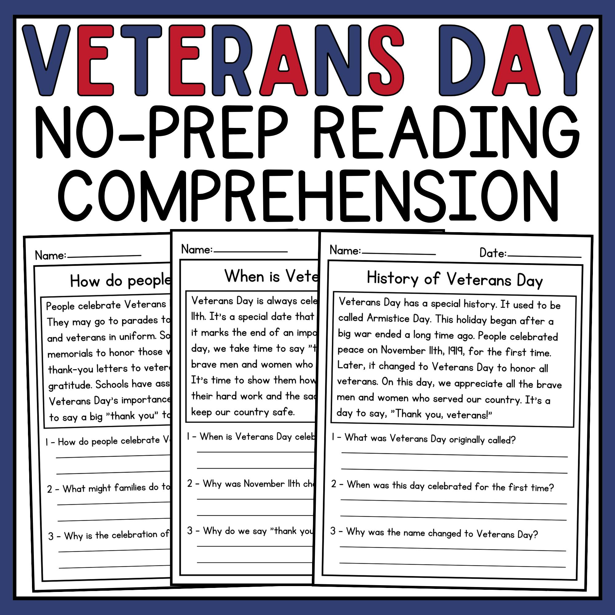 veterans day reading comprehension