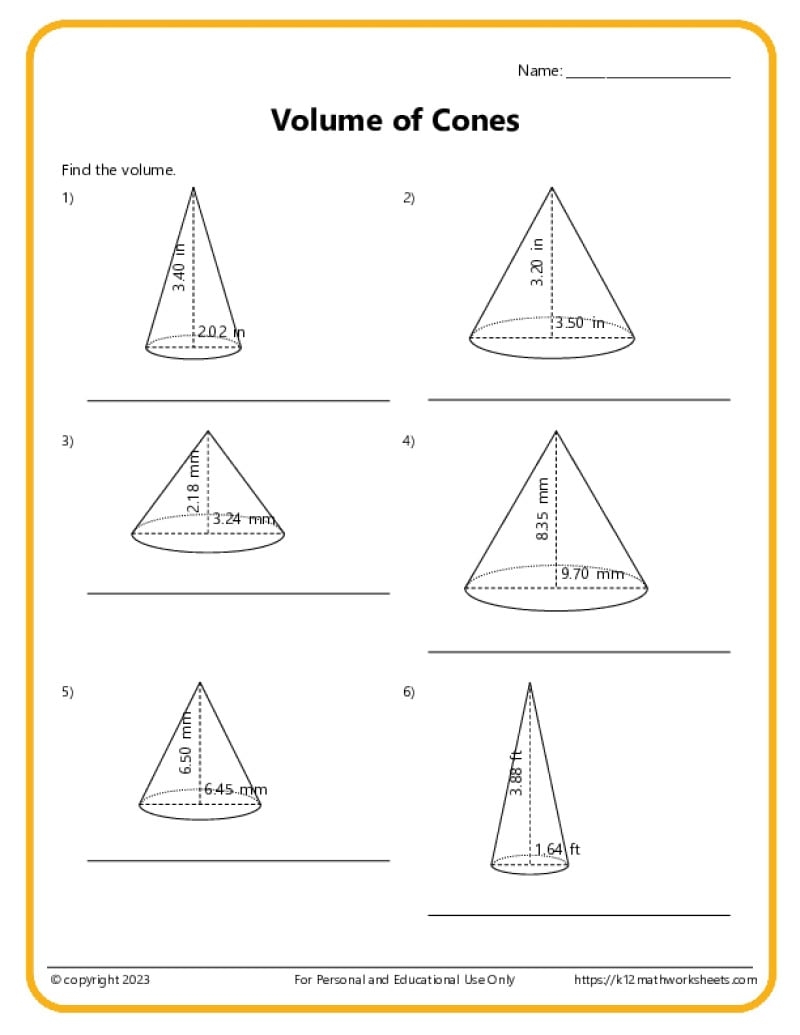 Volume And Surface Area Of Cones K12 Math Worksheets