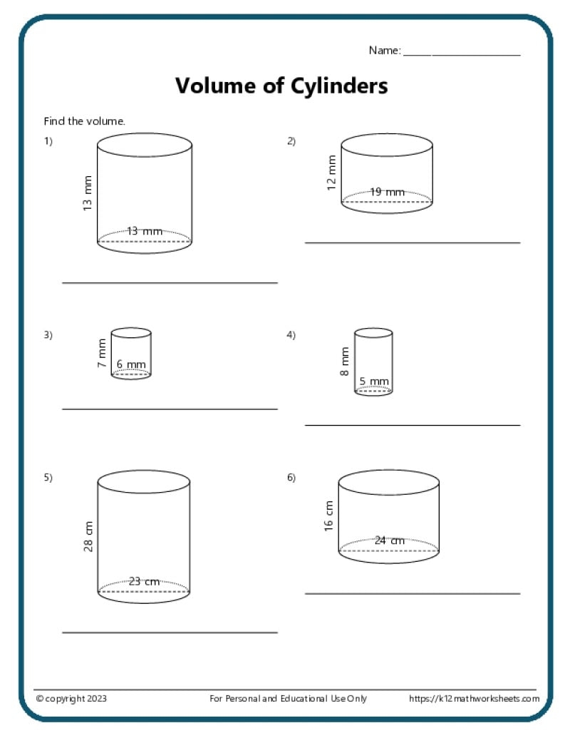 Volume And Surface Area Of Cylinders K12 Math Worksheets