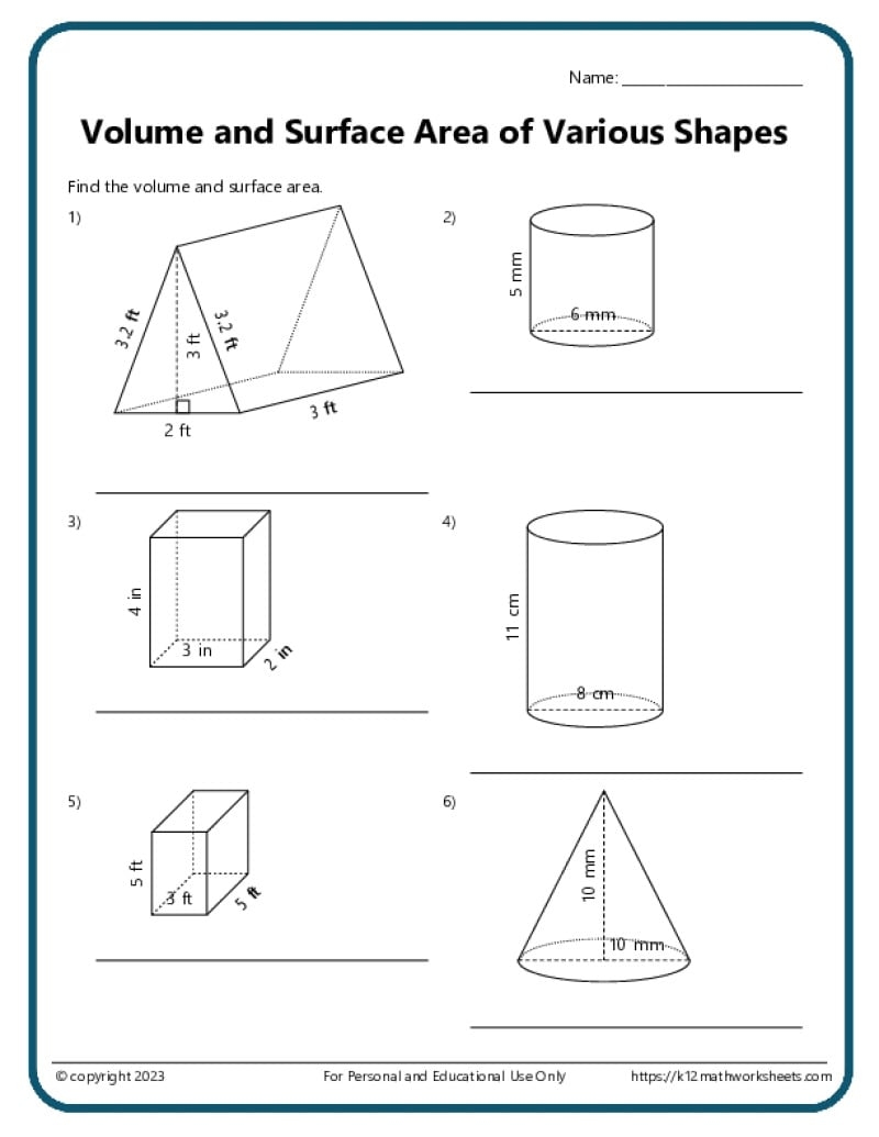 surface area of a cylinder worksheet