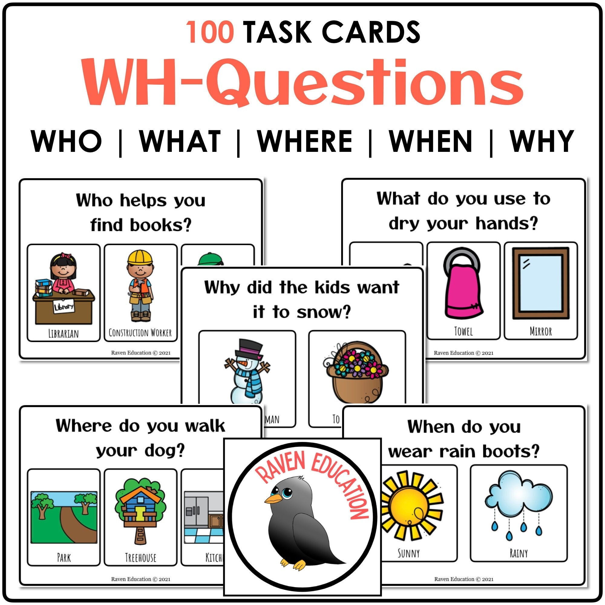 Wh questions 100 Printable Task Cards who What Where When Why Etsy