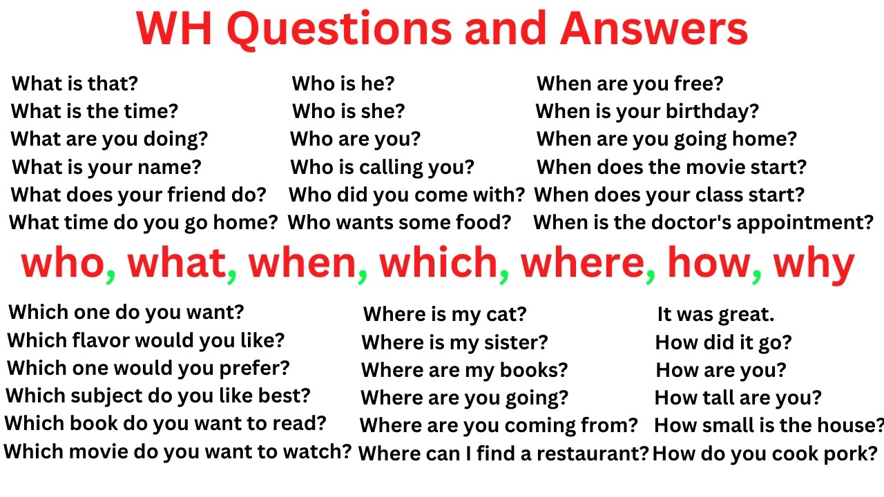 WH Questions And Answers Examples In English What How Where Which When Why Who Whose Whom YouTube