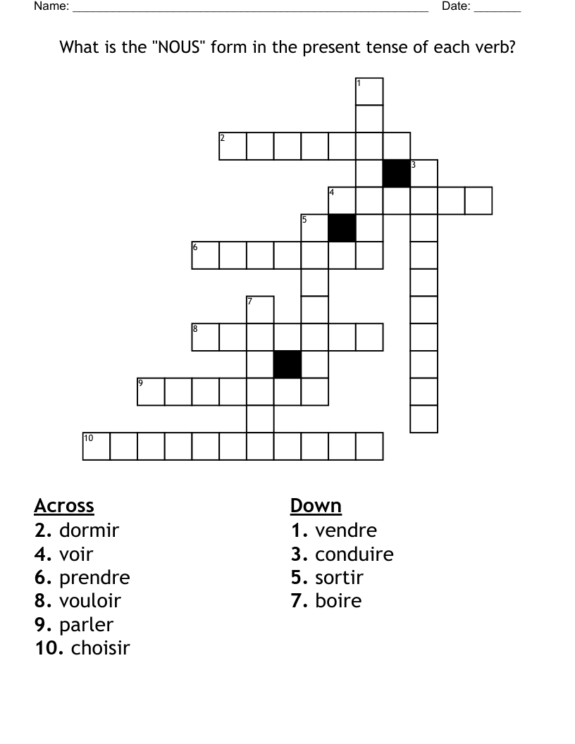 What Is The NOUS Form In The Present Tense Of Each Verb Crossword WordMint