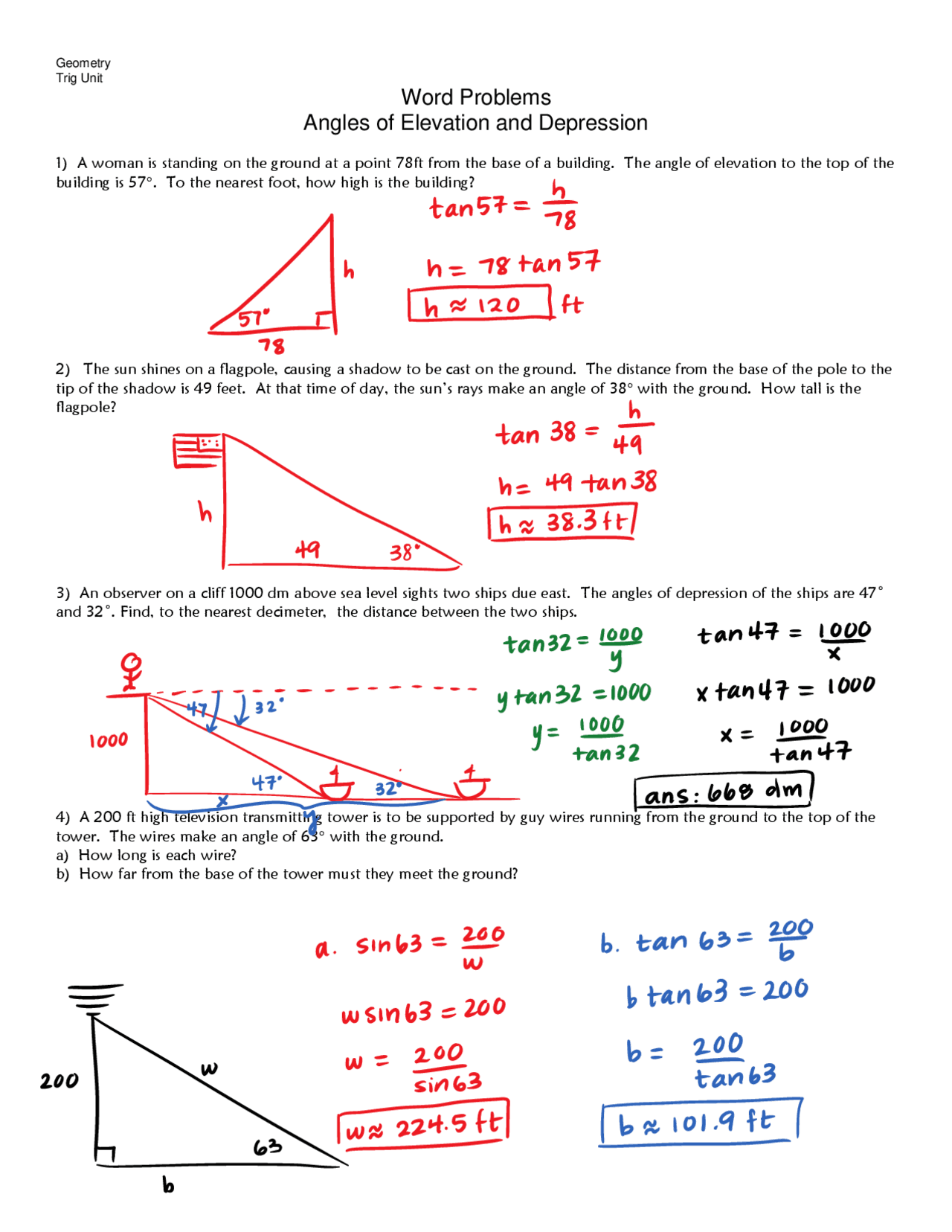 angle of elevation depression worksheet angle of elevation depression worksheet
