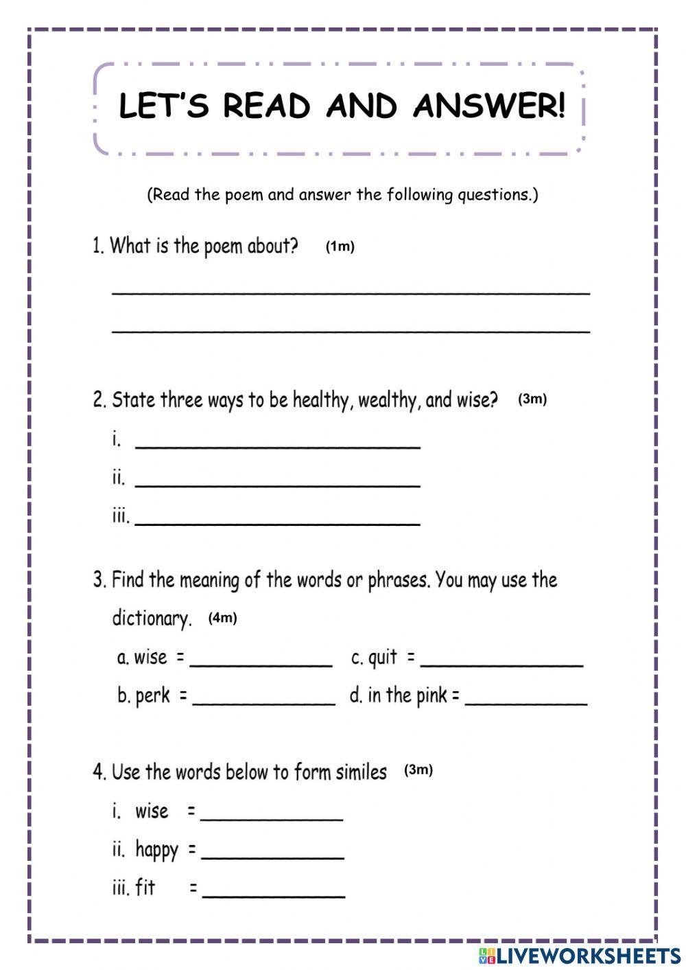 Worksheet 1 LETS READ AND ANSWER Worksheet Worksheets Library