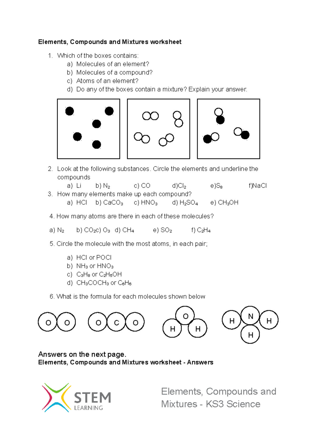Worksheet Elements Compounds Mixtures KS3 Studocu