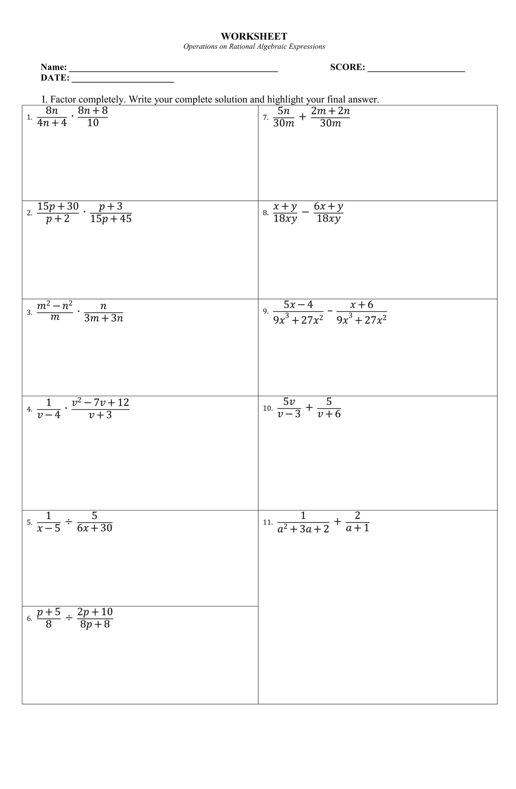 simplifying rational algebraic expressions worksheet