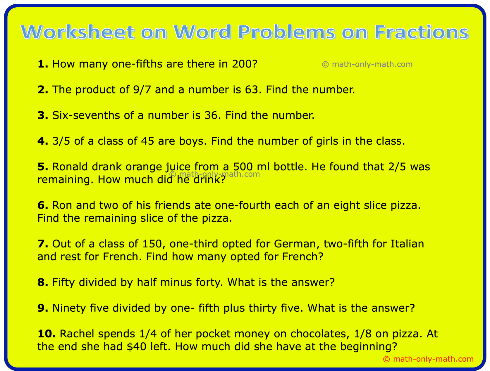 Worksheet On Word Problems On Fractions Fraction Word Problems Ans