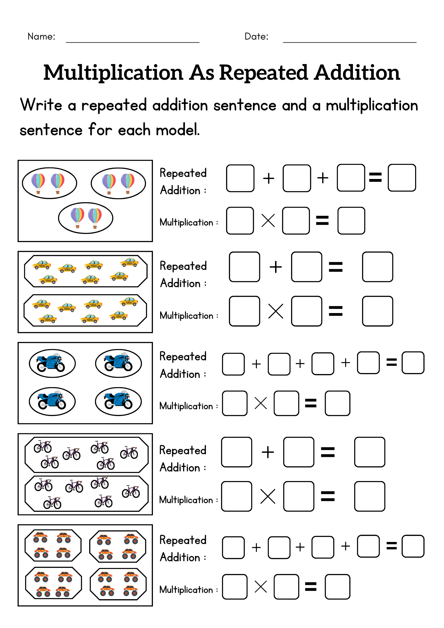 repeated addition multiplication worksheets