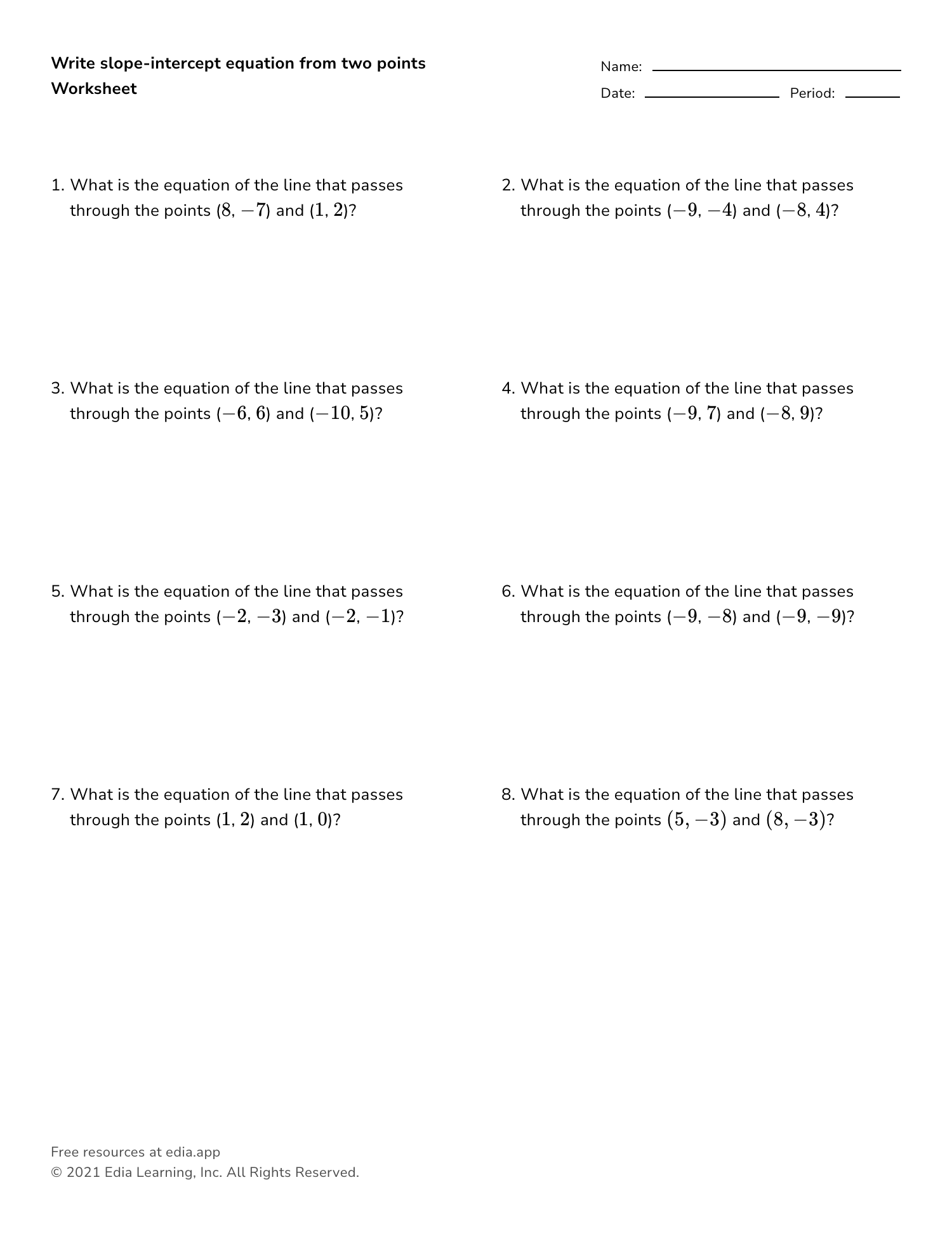 Write Slope intercept Equation From Two Points Worksheet Write Slope intercept Equation From Two Points Worksheet