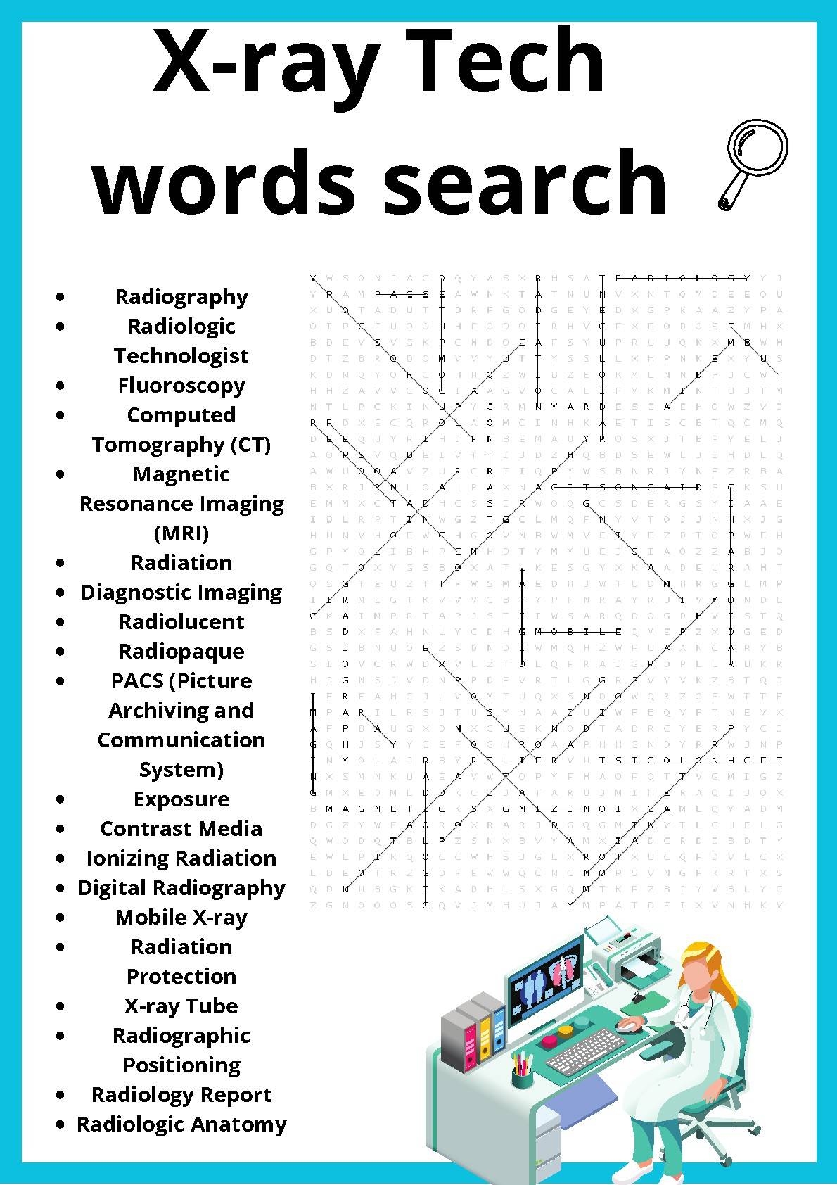 X ray Tech Words Search Puzzles Worksheets Activity By Owl Puzzles