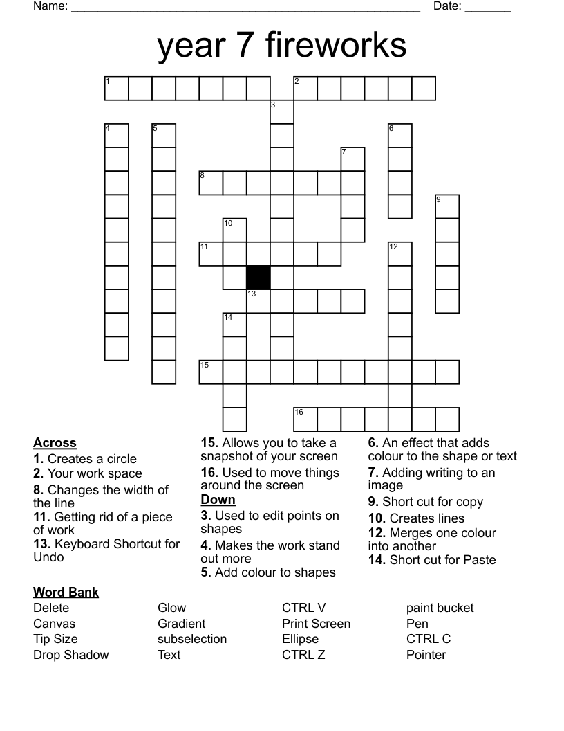 Year 7 Fireworks Crossword WordMint Year 7 Fireworks Crossword WordMint