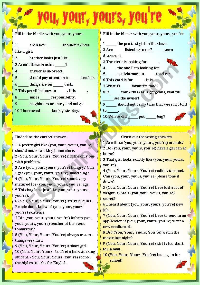 YOU YOUR YOURS YOU RE WITH B W AND ANSWER KEY ESL Worksheet By Sharin Raj